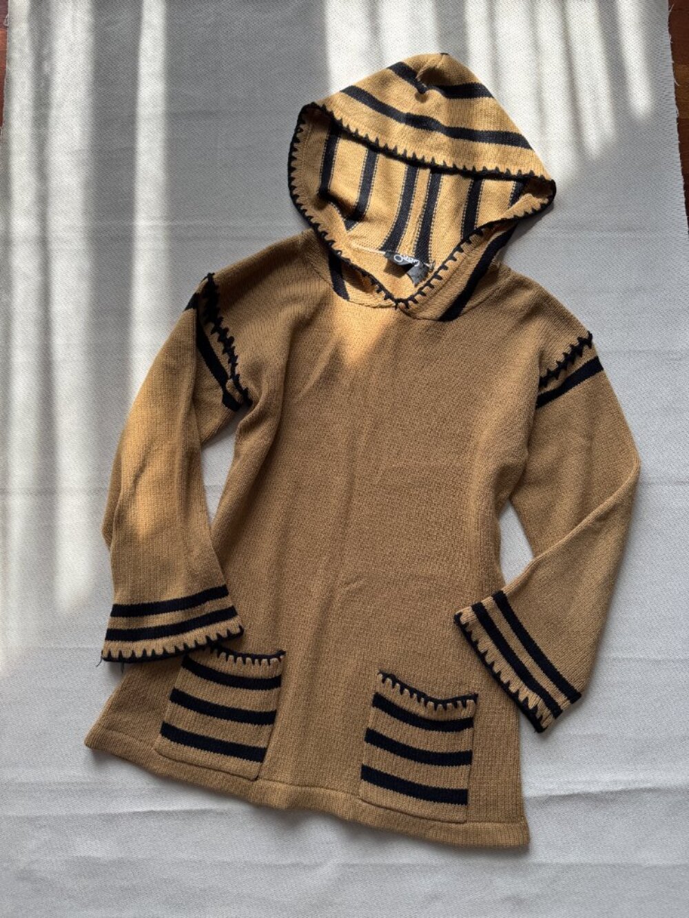 Knit Sweater Camel Tan Black Striped 70s Vintage Zado - Picture 15 of 16